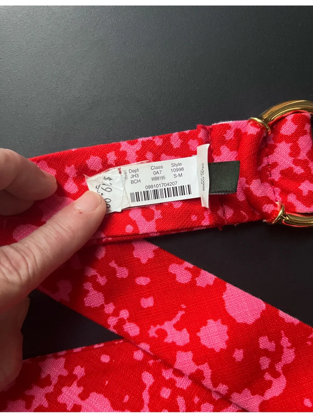 J. Crew Red and Pink Patterned Fabric Belt with Gold Ring Accent NWT